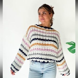 Chunky Striped Knit Sweater - White with Pink, Navy & Gold Stripes